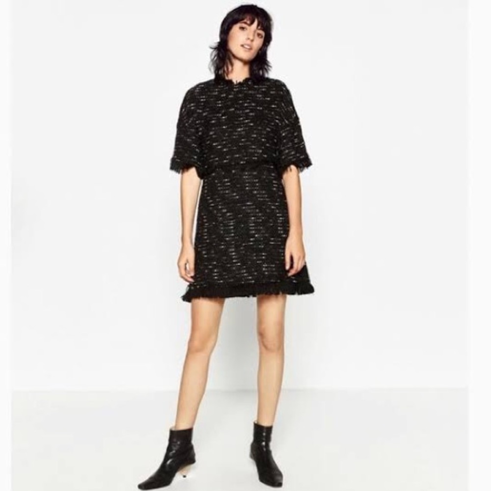 Zara Tweed Fringe Black Mini Shift Dress
